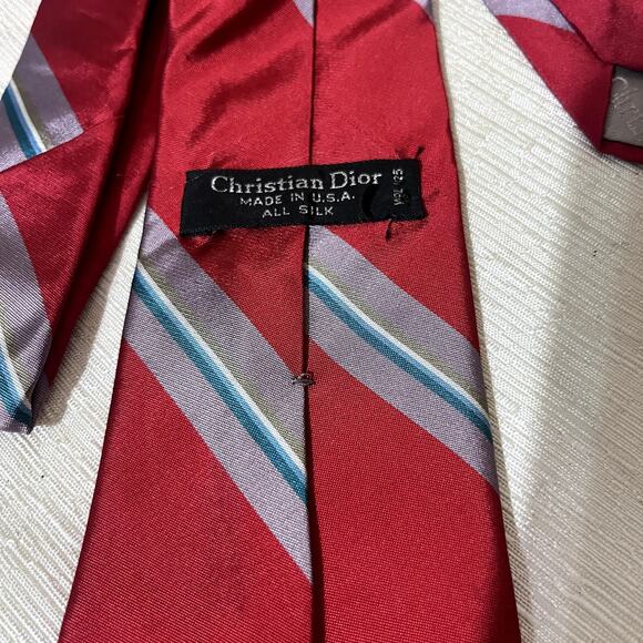 Vintage Christian Dior 100% Silk Tie Necktie USA made Designer Red Grey stripe - Picture 3 of 4